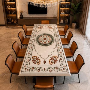 White marble inlay rectangle dining table with handcrafted floral stone artwork, Luxury rectangular white marble dining table with intricate inlay design