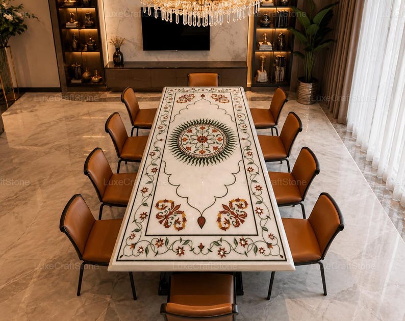 White marble inlay rectangle dining table with handcrafted floral stone artwork, Luxury rectangular white marble dining table with intricate inlay design