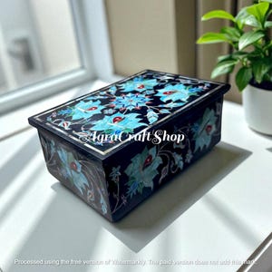 6&quot;X4&quot;X2&quot; Black marble trinket jewelry stash box W multi stone inlay turquoise MOP handmade art with floral design and organizer neckless box