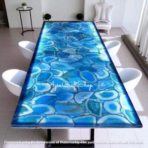 Rectangular Blue Agate Dining Table Handmade Art Crystal Gemstone with Indian Craft Mid Century Modern Farmhouse Decor for Hallway Furniture