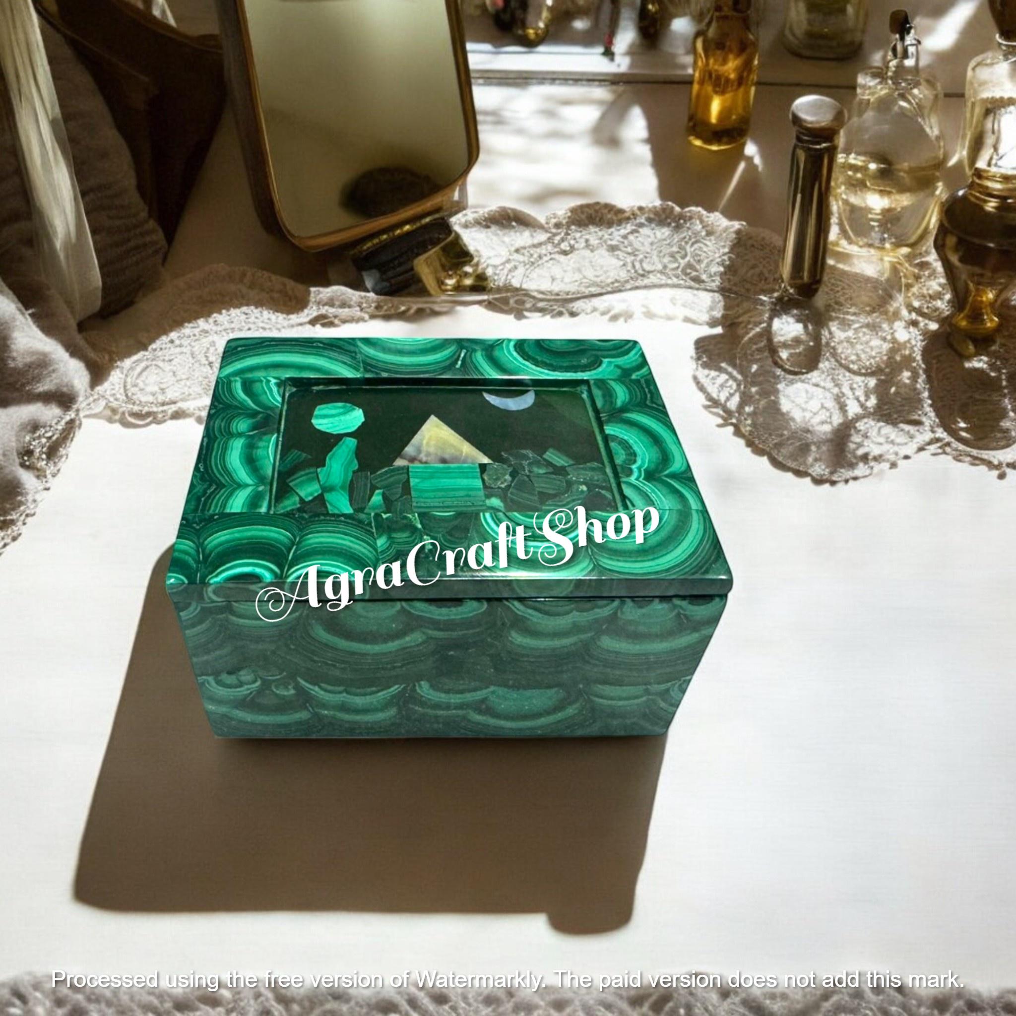 マラカイトストーンジュエリーボックス：花の象嵌模様の大理石製小物