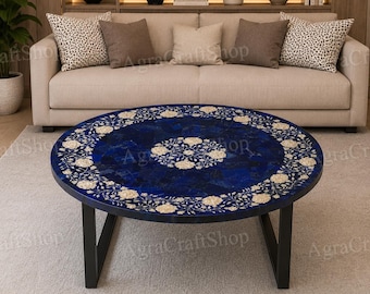 Mesa de centro redonda de luxo feita à mão em pedra lápis-lazúli, com acabamento em mármore, ideal para decoração de sala de estar.