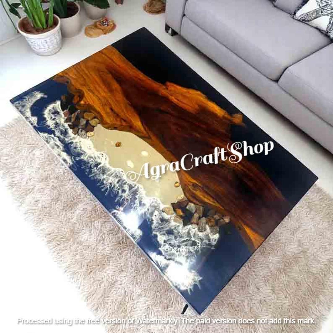 Custom Epoxy Resin Ocean Dining Table: Acacia Wood, Mid-century Modern ...