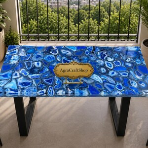 Blue Agate Dining Table Handmade Luxury Agate Stone Table Rectangular Gemstone Dining Table Modern Home Furniture