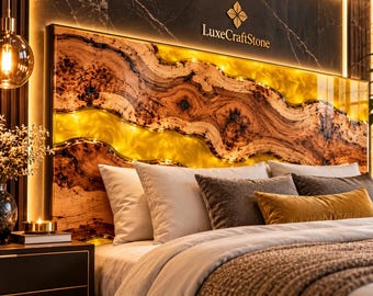 Luxury Yellow Epoxy Resin Headboard, Live Edge Wood Bed Backboard, Handmade River Style Bedroom Wall Decor, Custom King Size Headboard