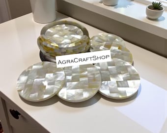 Mother of Pearl Coaster Set with Holder, Handmade Gemstone Inlay