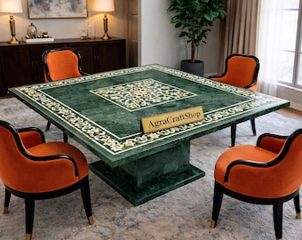 Green Marble Inlay Tabletop: Floral Marquetry Art, Handmade Indian Console