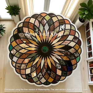 Exclusive round marble inlay table/ semi precious mosaic multi geometric stone/ handmade art luxury centerpiece furniture for home decors