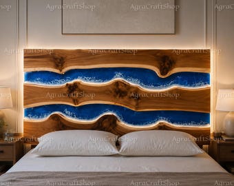 Modern Live Edge Resin Headboard, Blue Epoxy River Wood Bed Headboard, Luxury Handmade Furniture