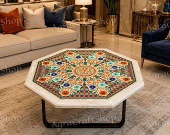 Luxe achthoekige marmeren salontafel, handgemaakte bloemenmozaïek middentafel, moderne woonkameraccenttafel, decoratief inlegwerk theetafel