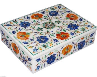 8"x6"x2" marmeren inlay sieradendoos halfedelsteen Pietradura Design handgemaakt werk uniek cadeau voor haar