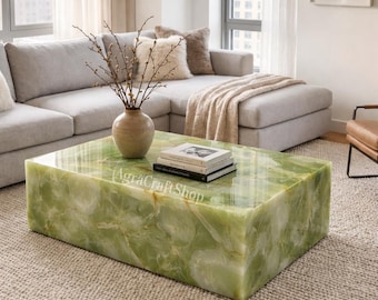 Handcrafted Green Onyx Coffee Table Luxury Stone Center Table Modern Living Room Furniture Natural Marble Style Onyx Table Premium Home Deco