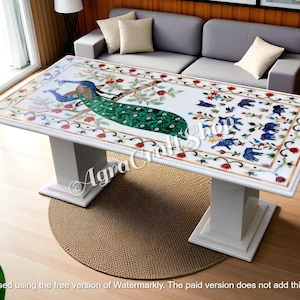 Elegant white marble dining table hand carved art with stand luxury peacock inlaid design and bedroom interior housewarming furniture decors