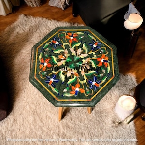 Luxurious Octagon Green Marble Coffee End Table Top Hand Carved Pietradura Artwork Precious Stone Console Bar Desk & Hallway Furniture Decor