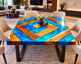Op de afbeelding: Een vierkante eettafel met een geometrische opstelling van natuurlijke houten planken ingelegd met levendige, wervelende blauwe epoxyhars. De tafel wordt ondersteund door een zwart metalen frame en is omringd door vier lichtbeige gestoffeerde stoelen.
