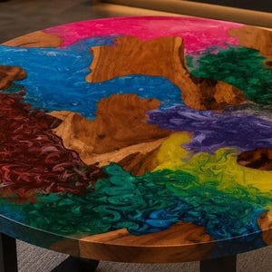 Peut inclure: Une table ronde compos&eacute;e d'une tranche de bois naturel aux bords irr&eacute;guliers int&eacute;gr&eacute;e dans une surface en r&eacute;sine &eacute;poxy multicolore. La r&eacute;sine pr&eacute;sente des motifs tourbillonnants de pigments rose vif, bleu, vert fonc&eacute;, violet, jaune et rouge.