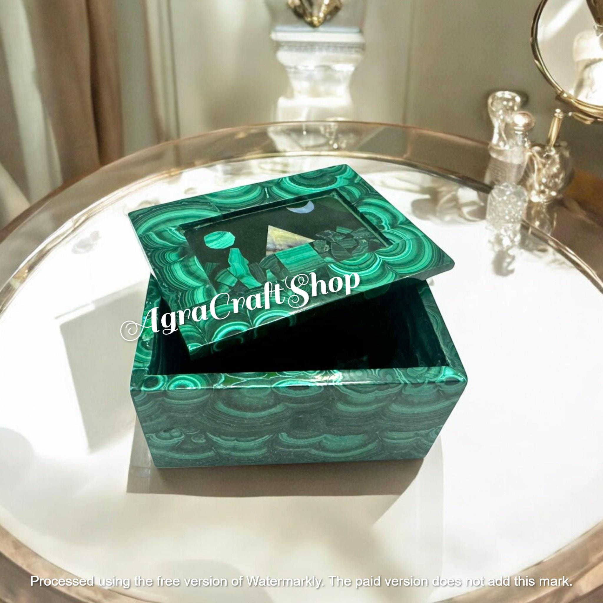 マラカイトストーンジュエリーボックス：花の象嵌模様の大理石製小物