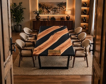 Live Edge Wood and Black Resin Dining Table, Custom Epoxy River Table, Handmade Luxury Dining Furniture for Modern Home Interior