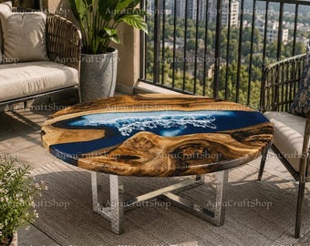 Table basse océan ronde en résine époxy, Table basse en résine époxy faite main avec bords vivants, Table basse vague bleue océan, Meubles de salon de luxe modernes