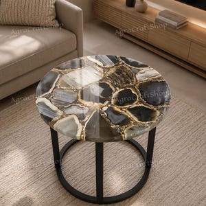 Natural Black Agate Table, Handmade Round Gemstone Coffee Table, Luxury Home Decor