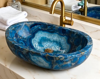 Handmade Blue Agate Wash Basin: Oval Vanity Sink Art Decor