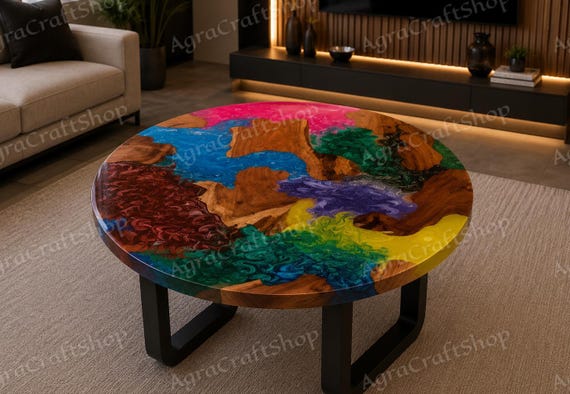 Round Epoxy Resin Coffee Table, Colorful Wood Resin Table, Handmade Rainbow Resin Furniture, Unique Art Furniture