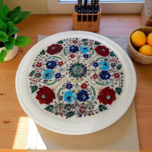 White Marble Serving Platter: Inlay Mosaic Gemstone Plate