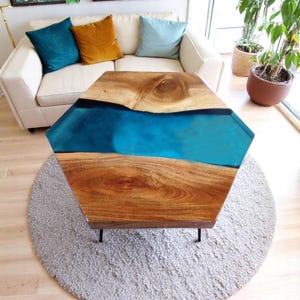 Octagon Blue Epoxy Resin Coffee Table Top Handmade Arts Rustic Natural Acacia Wood Console Bar Luxury Sofa Centerpiece & Living Room Decors