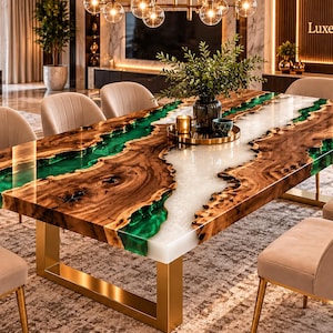 May include: A rectangular dining table featuring a live-edge wood slab with a central white resin inlay and vibrant green resin accents. The table is supported by a gold-toned metal frame and is surrounded by six beige upholstered chairs.