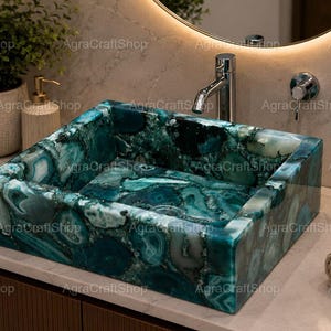 Handmade Green Agate Rectangle Basin | Premium Gemstone Bathroom Sink | Modern Countertop Vanity
