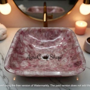 Square Rose Quartz Wash Basin, Handmade Art Healing Crystal Stone, Vanity Top Luxury Kitchen Counter Sink, for Spas & Improvement Bath Decor
