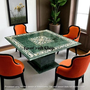 Exclusive green marble bedside tabletop with stand Indian hand carved marquetry art and floral designer console bar table for home decors