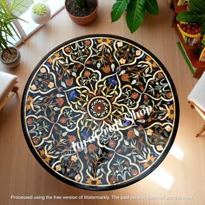 Black Marble Coffee Table Top with Floral Marquetry Inlay