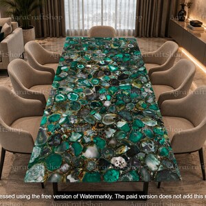 Handmade Green Agate Stone Dining Table | Natural Gemstone Slab, Rectangle Luxury Furniture