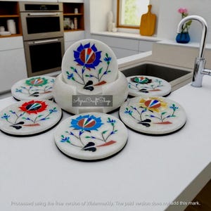 Beautiful Tea Coaster Set / White Marble Drink Coaster / Round Marble Wine Coaster / Stone Inlay Cup Mat / Mable Beer Coaster Set 4.5 Inches