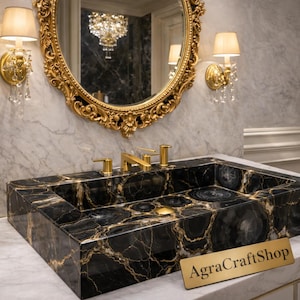 Black Agate Sink, Luxury Stone Bathroom Basin, Gold Inlay Vessel Sink, Handmade Vanity Sink