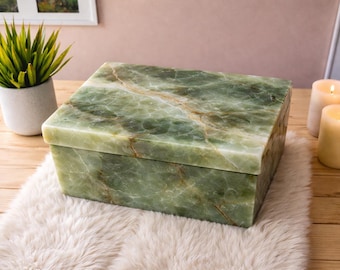 Handmade Green Onyx Stone Trinket Box: Gemstone Inlay Ring Box