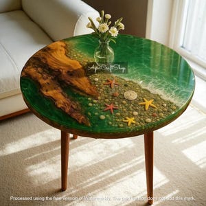 green resin ocean epoxy round console tabletop – natural acacia wood with handmade art luxury indian crafts centerpiece modern furniture dec