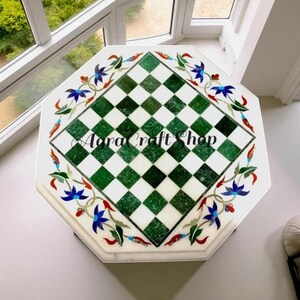 Octagon White Marble Chess Table Top: Pietra Dura Art, Handmade Game Board