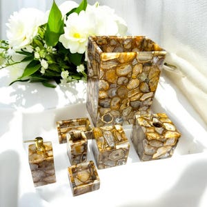 Natural Agate Bathroom Accessory| with 7 Pcs Vanity Tops Luxury Soap Dispenser| Handmade Goede Stone Tissue Box & Waste Tube| for Bath Decor