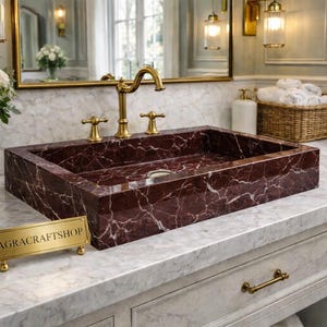 Lavandino di lusso in marmo Levanto – Lavandino rettangolare in marmo rosso – Lavandino per bagno in pietra naturale – Lavandino di design fatto a mano