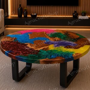 Table basse ronde en résine époxy, Table en bois colorée en résine, Meubles arc-en-ciel faits main en résine, Meubles d'art uniques image 3