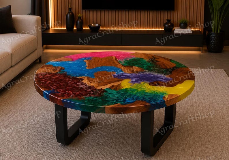 Table basse ronde en résine époxy, Table en bois colorée en résine, Meubles arc-en-ciel faits main en résine, Meubles d'art uniques image 3