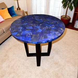 Crystal Round Lapis Lazuli Coffee Table Top with Iron Legs Handmade Arts Luxurious Random Blue Stone Computer Desk for Living Room Furniture