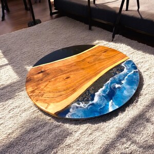Custom Black Epoxy Ocean Wave Resin Table Top Handmade Interior Arts Dining Room Elegant Furniture Acacia Wood Countertop & Farmhouse Table