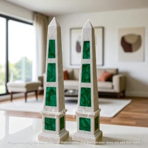 Set of 2 pcs Marble Meditation Obelisk || Hand Carve Malachite Crystal Stone Energy Mineral Statue || Metaphysical Decor for Office Garden