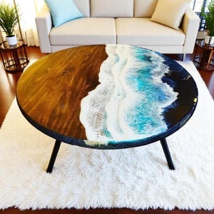 Beautiful Ocean Wave Epoxy Resin Coffee End Table Top River Counter Desk Mid Century Modern Art Natural Acacia Wood Handmade Furniture Decor