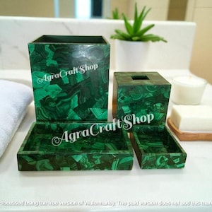 Malachite bathroom accessory set of 4 pcs handcrafted gem stone vanity top for home & spas - luxury elegant items washroom interior decors