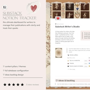 May include: A digital Notion dashboard template titled Substack Notion Tracker for writers. The interface features a Substack Writer's Studio section, a quote by Oscar Wilde, and a table for content pillars and themes with color-coded tags.