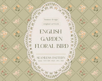 English Garden Floral Bird Seamless Pattern | Cottagecore Digital Paper (JPG PDF)